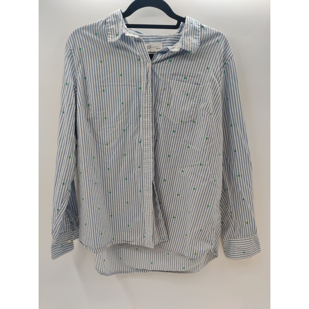 Gap‎ Fitted Boyfriend Shirt XL Blue White Striped Green Star Embroidered Cotton